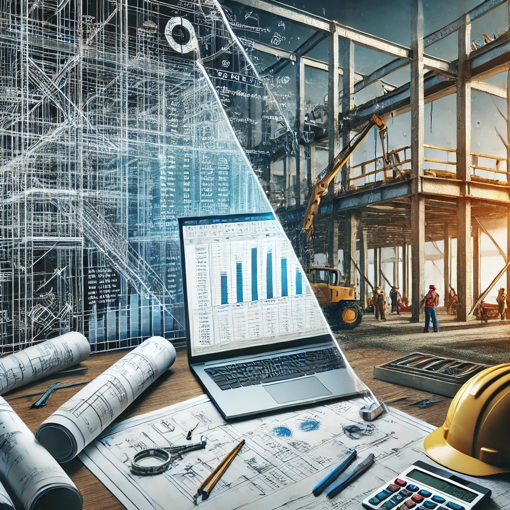 DALL·E 2025-03-05 11.22.54 - A conceptual illustration representing structural design. The image features a split composition_ on the left, a computer screen displays an Excel spr